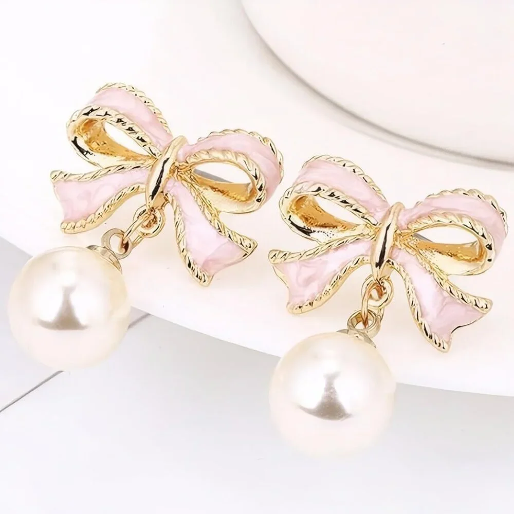 Women's Pink Earrings Long Tassel Chain Drop Earrings Trendy Small Bow Sparkly - Picture 8 of 9